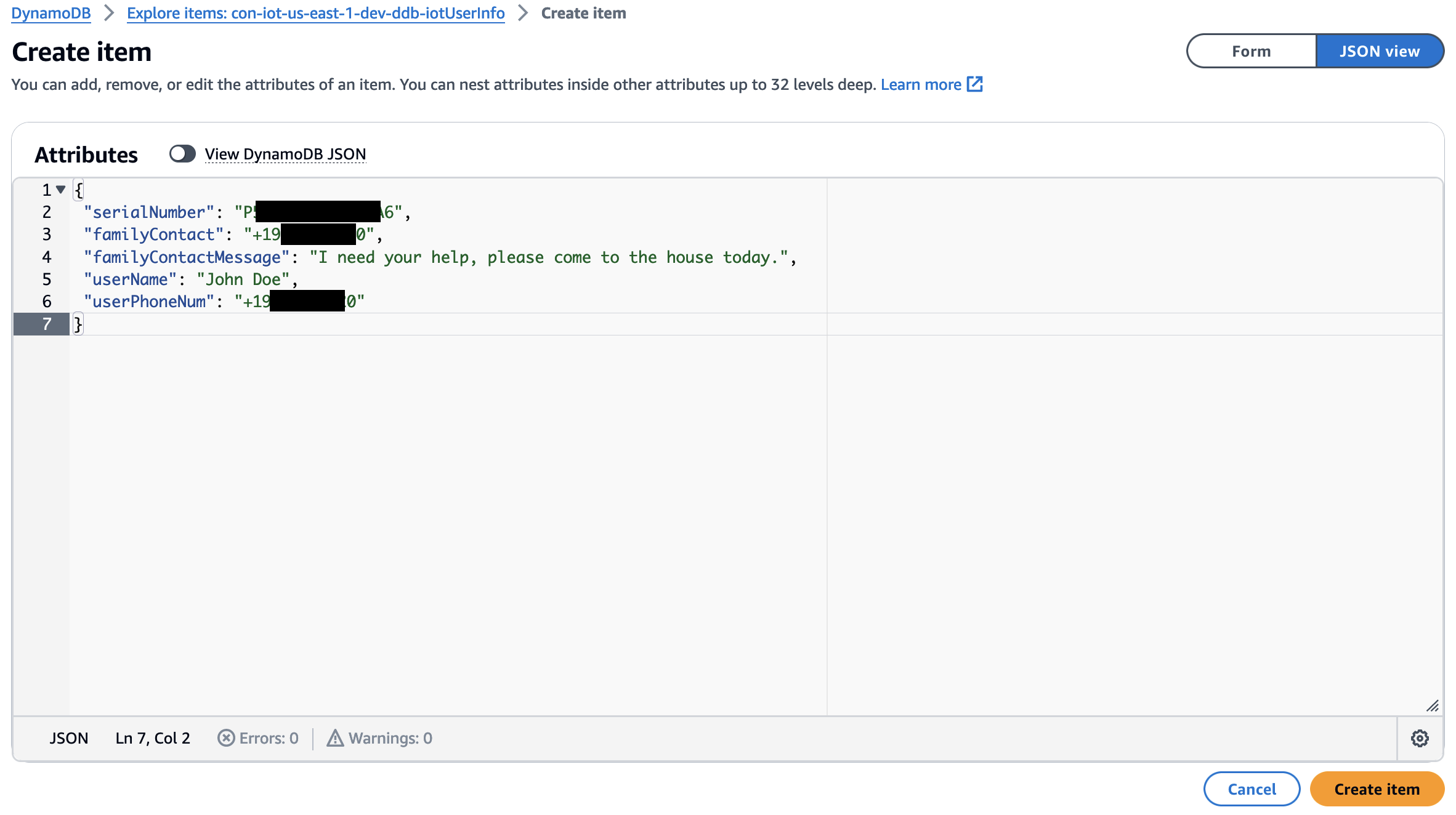 Figure 6 Amazon DynamoDB Create item